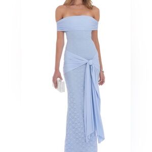 Lucy in the Sky Powder Blue Off the Shoulder Lace Gown with Side Knot